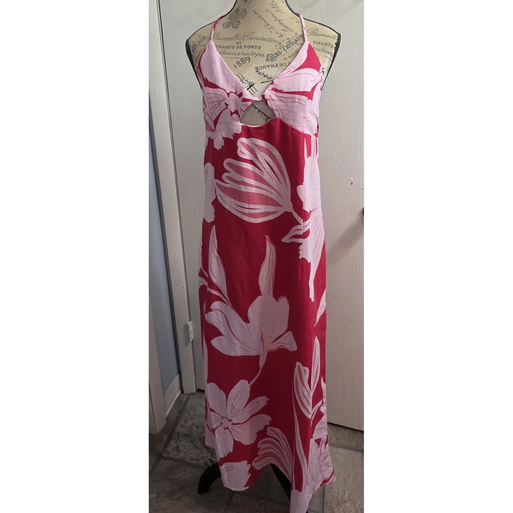 NWT Calypso St Barth halter dress red with large pink flowers linen tropical 12